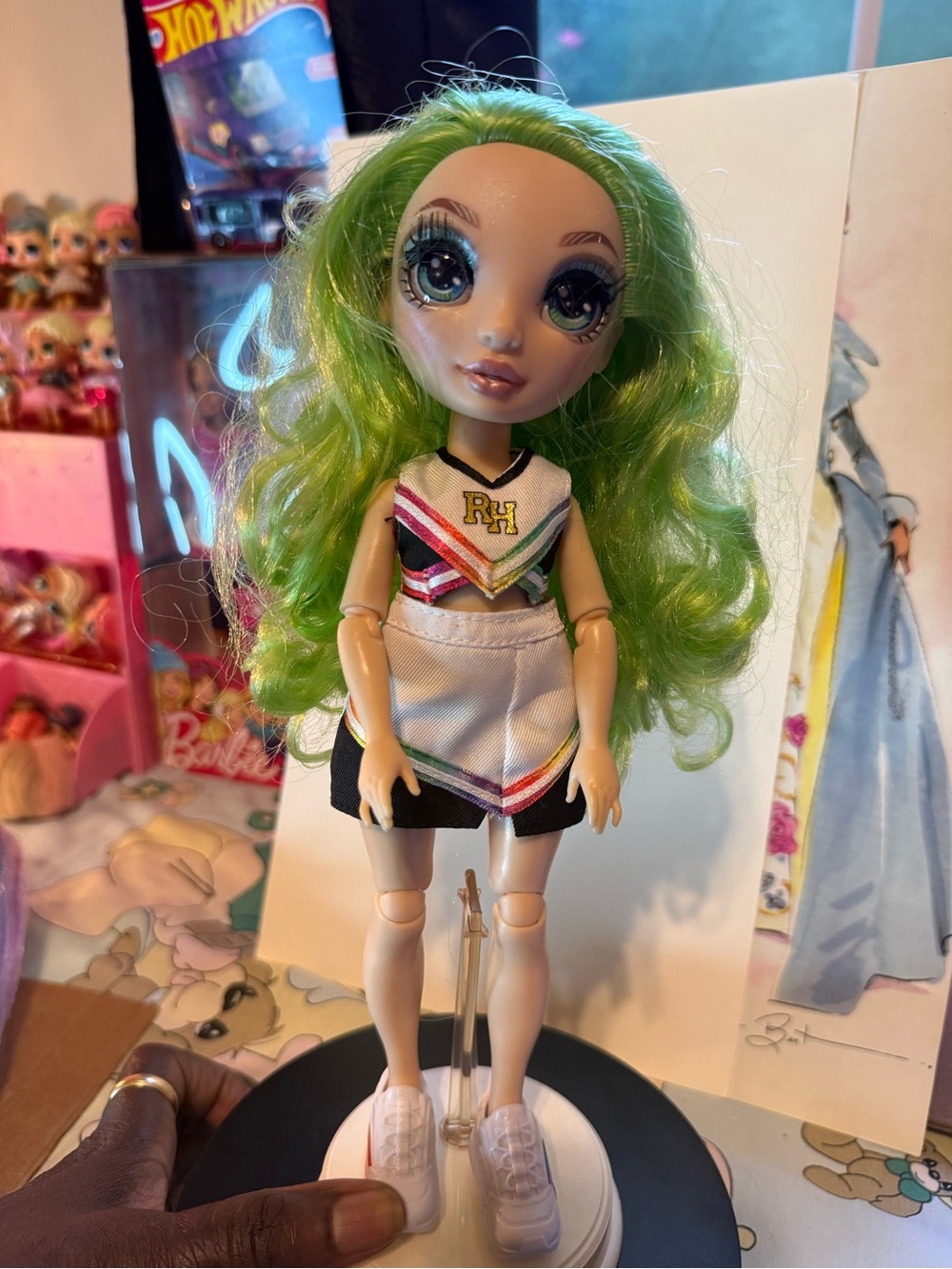 Green-Haired Fashion Doll in White Cheer Outfit